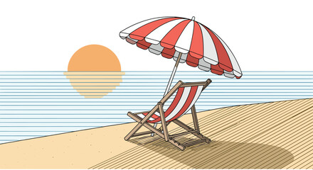 Relaxing beach scene illustration with a striped deck chair and umbrella facing the ocean sunset in a hand-drawn sketch style.