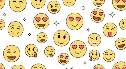 Seamless pattern background with a variety of yellow cartoon emoji faces showing different emotions on a clean white backdrop.