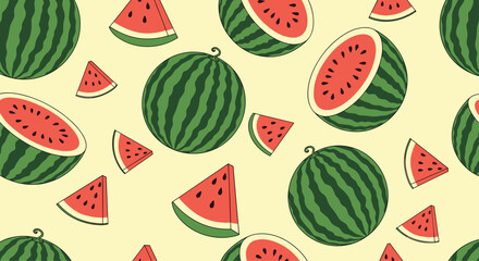 Seamless summer fruit pattern background with cartoon illustrations of whole watermelons and fresh red slices on yellow.