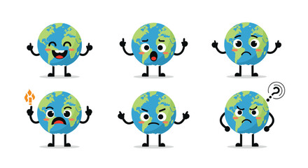 Set of cute cartoon Earth globe character mascots showing a variety of emotions including happy sad angry and confused.