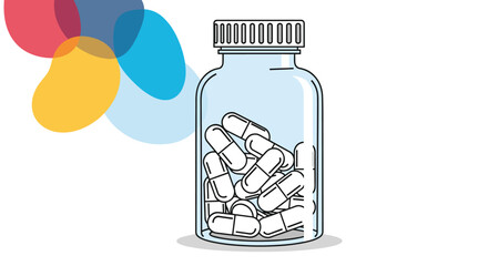 Medical concept illustration of a clear glass bottle filled with capsule pills in a clean line art style with color spots.