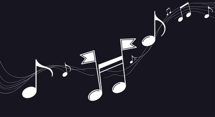 Abstract illustration of white musical notes and symbols flowing on a dynamic staff across a dark black background vector.