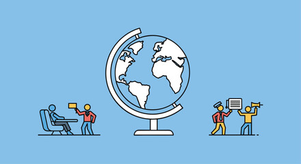 Line art illustration about global issues showing a large globe with people at a border crossing and others protesting.