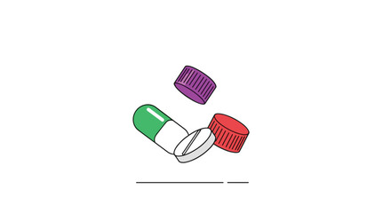 Minimalist illustration of falling medicine including a capsule a tablet and two bottle caps on a white background.