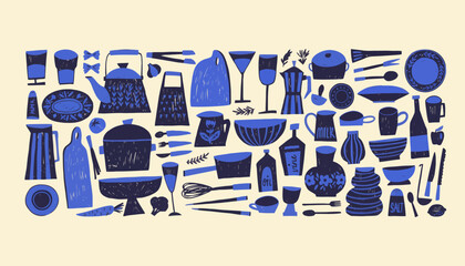 Illustrated Collection of Kitchenware and Dining Utensils for Culinary Enthusiasts