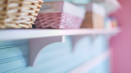 Colorful Wicker Baskets on Pastel Blue Shelf in Bright Room