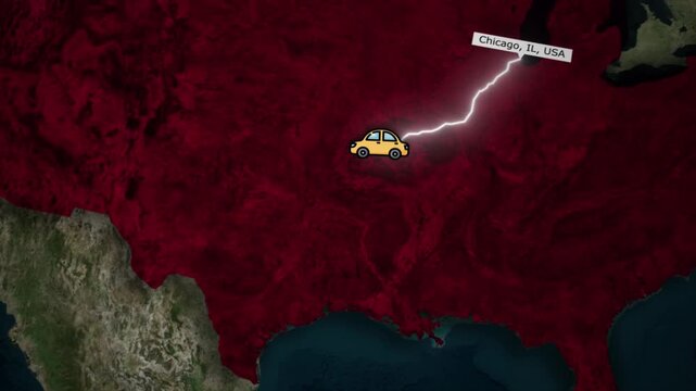 Chicago to Dallas Road Path Animation on World Map Background