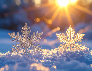 Snowflakes shaped like stars sparkle in sunlight during a winter day