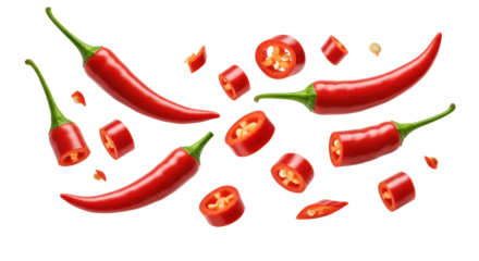Fiery red chili peppers, whole, sliced, and fragmented, dynamically suspended mid-air against a transparent background, bright studio lighting, commercial food photography concept
