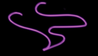 A mesmerizing abstract neon light painting on a black backdrop, showcasing a vibrant purple glow and intricate patterns created through long exposure photography