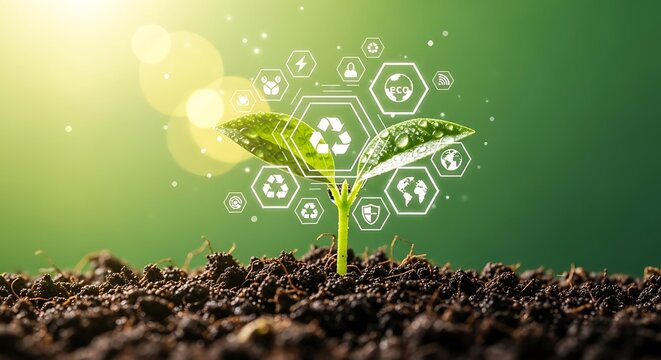 Emerging seedling represents sustainable practices with earth-tone green background.