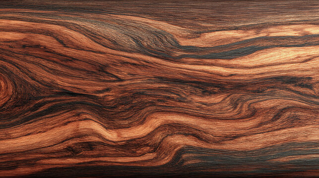 Close-up shot of rich brown wood grain pattern, showcasing intricate details and textures. The image captures the natural beauty and complexity of the wood's surface. 