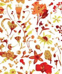 Romantic floral print with wildflowers sketch. Seamless pattern, gentle botanical background with various small flowers. Vector illustration.