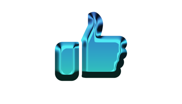 Thumbs up icon isolated on transparent background, a symbol of approval and agreement, rendered in a glossy, metallic blue, conveying a sense of positivity