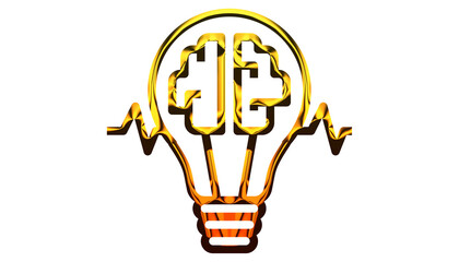 Golden light bulb with brain inside isolated on transparent background, symbolizing innovation,...