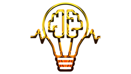 Golden light bulb with brain inside isolated on transparent background, symbolizing innovation, creativity, and intelligence in a bright and modern design