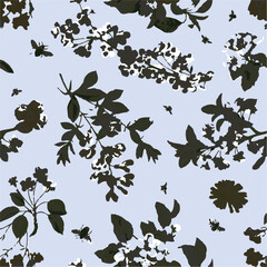 Romantic floral print with wildflowers sketch. Seamless pattern, gentle botanical background with various small flowers. Vector illustration.