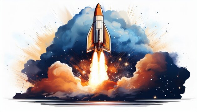 powerful rocket launching into the starry night sky amidst dramatic clouds and bright flames isolated on white background