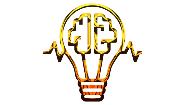 Golden light bulb with brain inside isolated on transparent background, symbolizing innovation, creativity, and intelligence in a bright and modern design