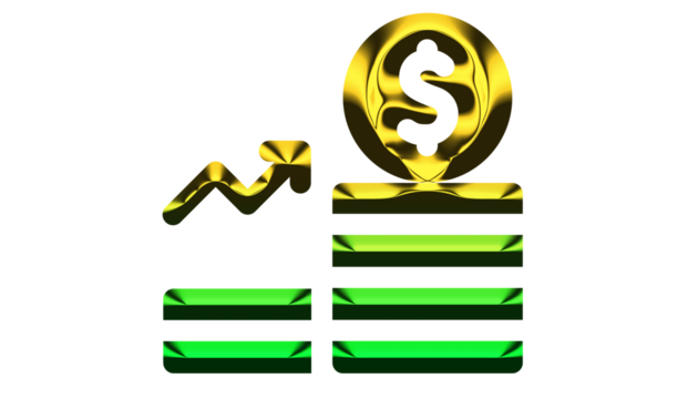 Golden dollar coin on green bars with graph isolated on transparent background shows financial growth and success in business and investment markets