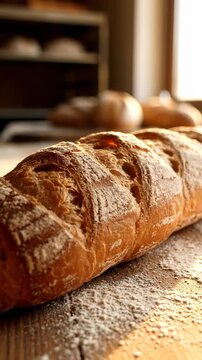Crusty baguette loaf wooden table dusted with flour, warm bakery light inviting fresh bread aroma and rustic handmade crust, golden morning table