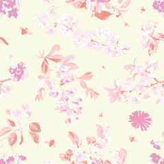 Romantic floral print with wildflowers sketch. Seamless pattern, gentle botanical background with various small flowers. Vector illustration.