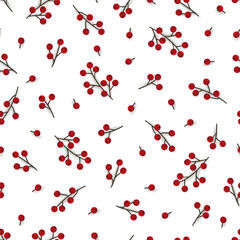 Seamless festive pattern with hand-drawn green branches and red berries on a white background.