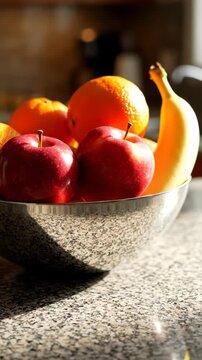 Fresh red apple banana orange fruit bowl metal kitchen countertop with warm sunlight cozy inviting still life on sunlit counter
