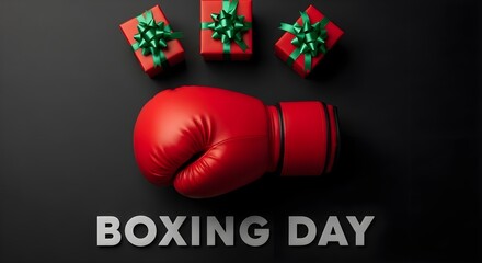 Boxing day concept with red boxing glove and gift boxes on dark background