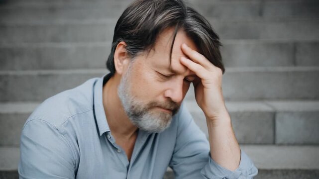 Emotional portrait of a thoughtful man resting his head on his hand, reflecting on life and challenges