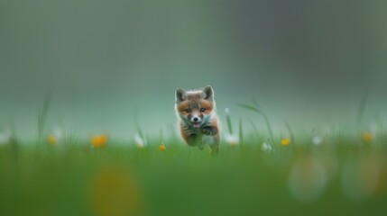 Cute Young Puppy Running in Green Field with Yellow Flowers in Soft Focus