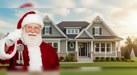 Santa Claus holding keys to a new modern house, symbolizing festive real estate gifts, holiday home purchases, and successful property deals during the Christmas season.