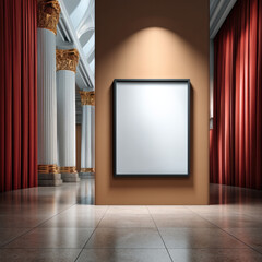 Fototapeta premium Vertical poster on wall near grand white columns with gold accents, red curtains, and marble floor in elegant hall