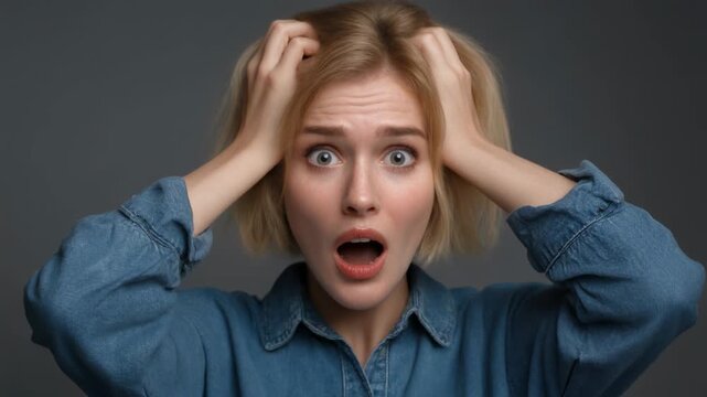 Stressed young woman expressing anxiety and frustration in a denim shirt, capturing raw emotions and mental health struggles.
