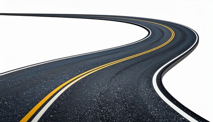 Curvy asphalt road with white dividers and yellow center line on stark white background — journey concept.