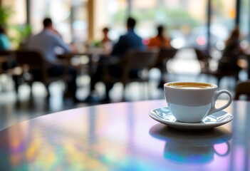 Coffee cup on table with blurred people in background at modern cafe