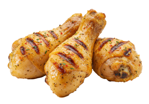 Four golden-brown grilled chicken drumsticks, crispy skin, char marks, seasoned with herbs & paprika, on a transparent studio background. Concept of culinary perfection