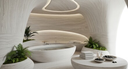 Modern spa bathroom interior with organic forms and natural light