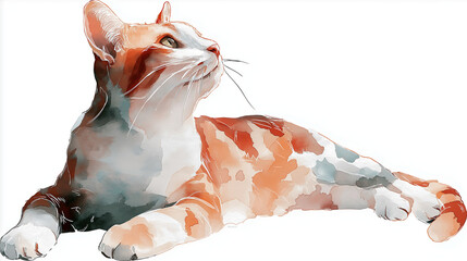 Watercolor line art illustration of a cat, transparent background