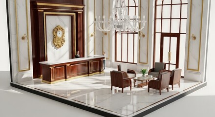 Elegant reception area interior with marble floor and chandelier