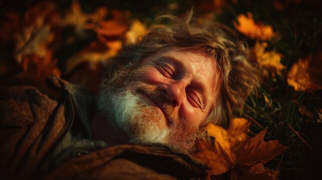 Old man smiling peacefully while lying on autumn leaves in soft golden sunlight ideal for happiness nature and nostalgia themed visuals
