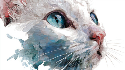 Watercolor line art illustration of a cat, transparent background