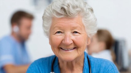 Smiling senior woman in a medical setting, healthcare professional