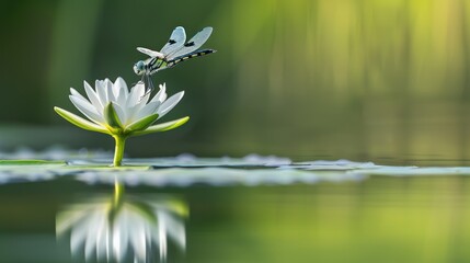 Dragonfly Perching on White Water Lily Flower in Calm Pond with Green Natural Background