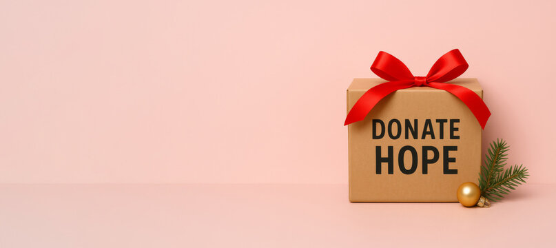 Christmas donation gift box with red bow on pink background - Powered by Adobe