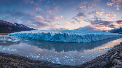 Panoramic Glacier Landscape with Sunset Reflections on Frozen Water