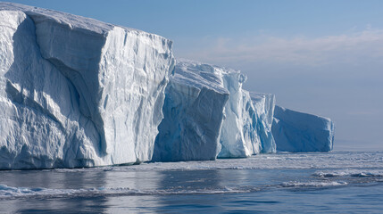 Enormous Vertical Glacier Ice Wall Above Frozen Sea