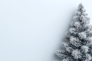 Flocked christmas tree branch on peaceful white background