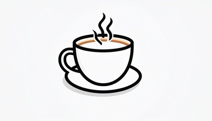 Obraz premium Minimal black line drawing of coffee cup with heart and steam on saucer, white background, cozy vibe.