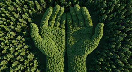 Aerial view of a forest shaped like hands, symbolizing environmental protection and nature conservation.